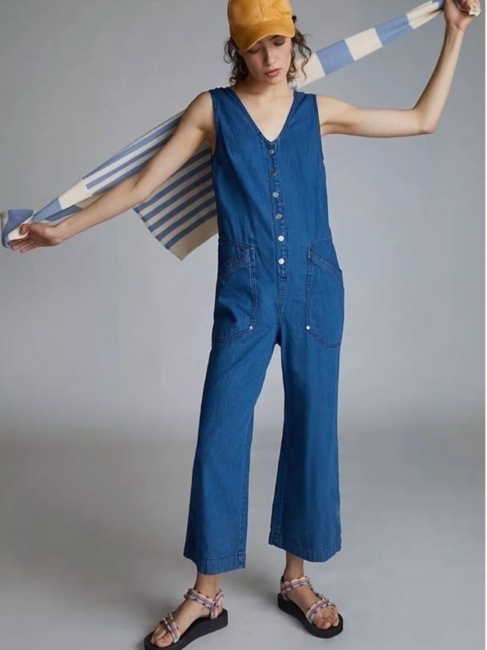 Anthropologie Maeve Button Front V-Neck Utilitarian Denim Jumpsuit - Size 12